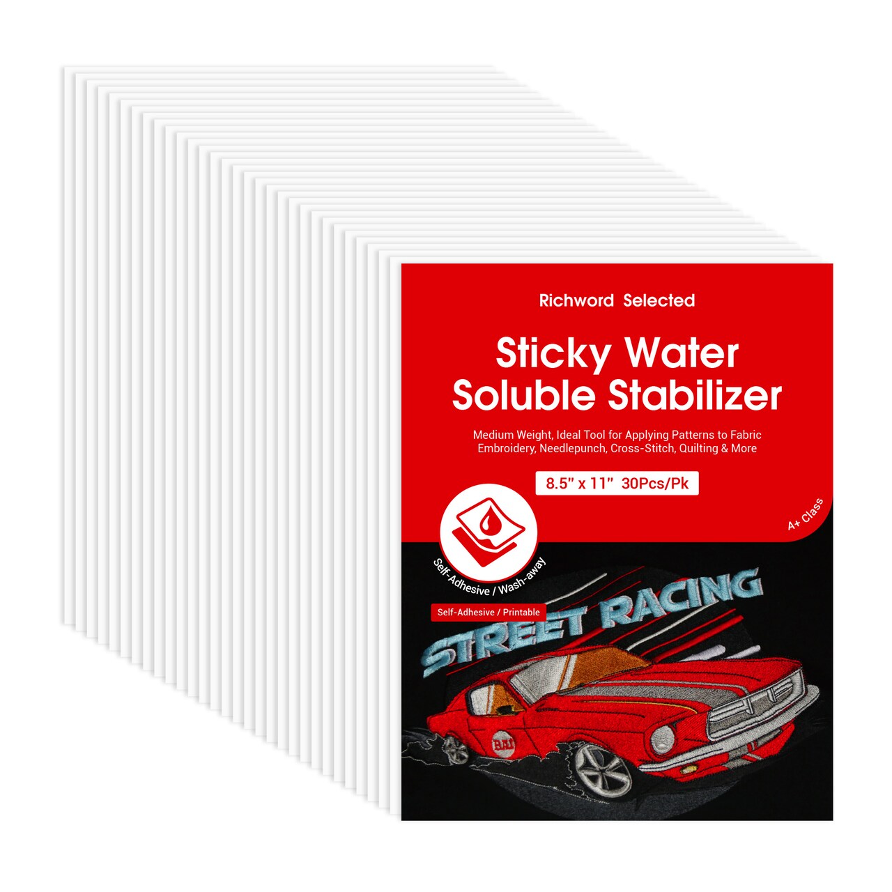 Richword Selected Printable Sticky Water-Soluble Embroidery Stabilizer, Wash Away Self-Adhesive Topper for Hand & Home Machine Embroidery, 8.5 x 11 in Sheets (10, 15 & 30 Pack) and 12 in x 10 yd Roll